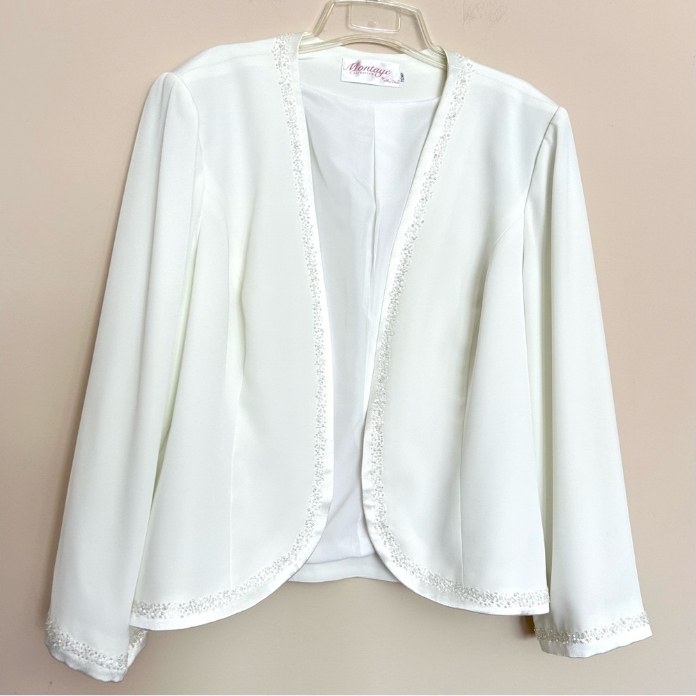 Montage by Mon Cheri Women’s Elegant White Open Blazer Embellished Beaded Trim